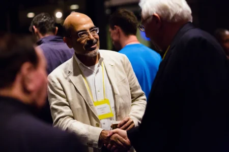 IAFOR Academic Advisory Board members Professor Dexter Da Silva of Keisen University and Professor Keith W. Miller of the University of Missouri greet each other at The Asian Conference on Education (ACE) in Osaka, Japan. Dexter Da Silva and Keith W. Miller at ACE Osaka